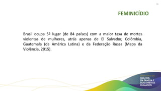 FEMINICÍDIO
Brasil ocupa 5º lugar (de 84 países) com a maior taxa de mortes
violentas de mulheres, atrás apenas de El Salvador, Colômbia,
Guatemala (da América Latina) e da Federação Russa (Mapa da
Violência, 2015).
16
 