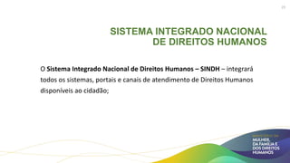SISTEMA INTEGRADO NACIONAL
DE DIREITOS HUMANOS
O Sistema Integrado Nacional de Direitos Humanos – SINDH – integrará
todos os sistemas, portais e canais de atendimento de Direitos Humanos
disponíveis ao cidadão;
23
 