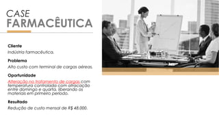 Cliente
Indústria farmacêutica.
Problema
Alto custo com terminal de cargas aéreas.
Oportunidade
Alteração no tratamento de cargas com
temperatura controlada com atracação
entre domingo e quarta, liberando os
materiais em primeiro período.
Resultado
Redução de custo mensal de R$ 48.000.
CASE
FARMACÊUTICA
 