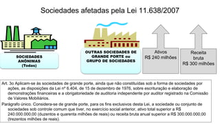 Sociedades afetadas pela Lei 11.638/2007 
SOCIEDADES 
ANÔNIMAS 
(Todas) 
OUTRAS SOCIEDADES DE 
GRANDE PORTE ou 
GRUPO DE SOCIEDADES 
Ativos 
R$ 240 milhões 
Receita 
bruta 
R$ 300 milhões 
Art. 3o Aplicam-se às sociedades de grande porte, ainda que não constituídas sob a forma de sociedades por 
ações, as disposições da Lei nº 6.404, de 15 de dezembro de 1976, sobre escrituração e elaboração de 
demonstrações financeiras e a obrigatoriedade de auditoria independente por auditor registrado na Comissão 
de Valores Mobiliários. 
Parágrafo único. Considera-se de grande porte, para os fins exclusivos desta Lei, a sociedade ou conjunto de 
sociedades sob controle comum que tiver, no exercício social anterior, ativo total superior a R$ 
240.000.000,00 (duzentos e quarenta milhões de reais) ou receita bruta anual superior a R$ 300.000.000,00 
(trezentos milhões de reais). 
 