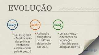 2007 2010 
• Lei 11.638/07 
– Modificação 
das práticas 
contábeis 
estabelecidas 
pela 6.404/76 
• Aplicação 
obrigatória 
do IFRS na 
elaboração 
das DC’s 
2014 
• Lei 12.973/14 – 
Alterações da 
legislação 
tributária para 
adequar ao IFRS 
EVOLUÇÃO 
 