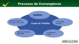 Processo de Convergência 
Auditoria 
Grupos de Trabalho 
Contabilidade 
Societária 
Contabilidade 
Pública 
Grupo de Trabalho de 
Educação e Treinamento 
Assuntos de Natureza 
Regulatória 
 