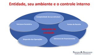 Entidade, seu ambiente e o controle interno 
Complexidade da sua estrutura 
Estrutura Societária Fontes de Receita 
Natureza da 
entidade 
Dispersão das Operações Estrutura de Financiamento 
 