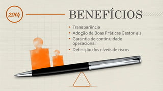 2014 BENEFÍCIOS 
• Transparência 
• Adoção de Boas Práticas Gestoriais 
• Garantia de continuidade 
operacional 
• Definição dos níveis de riscos 
 