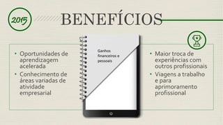 BENEFÍCIOS 
• Oportunidades de 
aprendizagem 
acelerada 
• Conhecimento de 
áreas variadas de 
atividade 
empresarial 
• Maior troca de 
experiências com 
outros profissionais 
• Viagens a trabalho 
e para 
aprimoramento 
profissional 
2015 
Ganhos 
financeiros e 
pessoais 
 