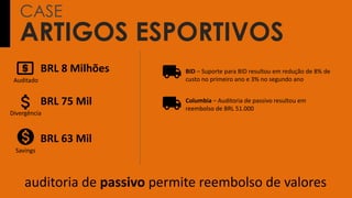 BRL 8 Milhões
Auditado
BRL 75 Mil
Divergência
BID – Suporte para BID resultou em redução de 8% de
custo no primeiro ano e 3% no segundo ano
Columbia – Auditoria de passivo resultou em
reembolso de BRL 51.000
auditoria de passivo permite reembolso de valores
BRL 63 Mil
Savings
ARTIGOS ESPORTIVOS
CASE
 