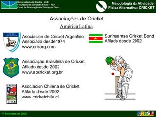 Associações de Cricket América Latina Asociacion de Cricket Argentino Associado desde1974 www.cricarg.com Associaçao Brasileira de Cricket Afilado desde 2002 www.abcricket.org.br Asociacion Chilena de Cricket Afilado desde 2002 www.cricketchile.cl Surinaamse Cricket Bond Afilado desde 2002 