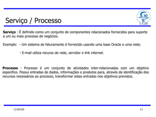 Serviço / Processo Serviço  :  É definido como um conjunto de componentes relacionados fornecidos para suporte a um ou mais processo de negócios.  Exemplo:  - Um sistema de faturamento é fornecido usando uma base Oracle e uma rede;  - E-mail utiliza recurso de rede, servidor e link internet.  Processo  :  Processo é um conjunto de atividades inter-relacionadas com um objetivo especifico. Possui entradas de dados, informações e produtos para, através da identificação dos recursos necessários ao processo, transformar estas entradas nos objetivos previstos.  