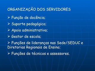 ORGANIZAÇÃO DOS SERVIDORES

 Função de docência;
 Suporte pedagógico;
 Apoio administrativo;
 Gestor de escola;
 Funções de lideranças nas Sede/SEDUC e
Diretorias Regionais de Ensino;
 Funções de técnicos e assessores.
 