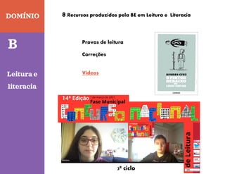 DOMÍNIO
Quinta-feira
Leitura e
literacia
B
8 Recursos produzidos pela BE em Leitura e Literacia
Provas de leitura
Correções
Vídeos
3º ciclo
 