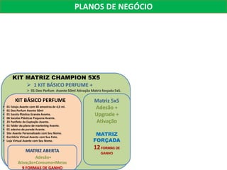 PLANOS DE NEGÓCIO 
Matriz 5x5 
Adesão + 
Upgrade + 
Ativação 
MATRIZ 
FORÇADA 
12 FORMAS DE 
GANHO 
KIT MATRIZ CHAMPION 5X5 
 1 KIT BÁSICO PERFUME + 
 01 Deo Parfum Avante 50ml Ativação Matriz forçada 5x5. 
KIT BÁSICO PERFUME 
 01 Estojo Avante com 40 amostras de 4,0 ml. 
 01 Deo Parfum Avante 50ml 
 01 Sacola Plástica Grande Avante. 
 06 Sacolas Plásticas Pequena Avante. 
 25 Panfleto de Captação Avante. 
 01 folder do plano de marketing Avante. 
 01 adesivo de parede Avante. 
 Site Avante Personalizado com Seu Nome. 
 Escritório Virtual Avante com Sua Foto. 
 Loja Virtual Avante com Seu Nome. 
MATRIZ ABERTA 
Adesão+ 
Ativação+Consumo+Metas 
9 FORMAS DE GANHO 
 