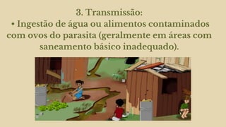 3. Transmissão:
• Ingestão de água ou alimentos contaminados
com ovos do parasita (geralmente em áreas com
saneamento básico inadequado).
 