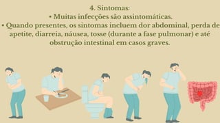 4. Sintomas:
• Muitas infecções são assintomáticas.
• Quando presentes, os sintomas incluem dor abdominal, perda de
apetite, diarreia, náusea, tosse (durante a fase pulmonar) e até
obstrução intestinal em casos graves.
 