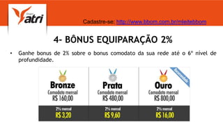 4- BÔNUS EQUIPARAÇÃO 2%
• Ganhe bonus de 2% sobre o bonus comodato da sua rede até o 6º nível de
profundidade.
Cadastre-se: http://www.bbom.com.br/mleitebbom
 