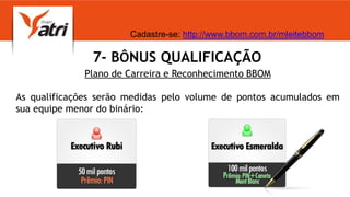 7- BÔNUS QUALIFICAÇÃO
Plano de Carreira e Reconhecimento BBOM
As qualificações serão medidas pelo volume de pontos acumulados em
sua equipe menor do binário:
Cadastre-se: http://www.bbom.com.br/mleitebbom
 