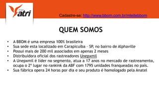 QUEM SOMOS
• A BBOM é uma empresa 100% brasileira
• Sua sede esta localizado em Carapicuíba – SP, no bairro de Alphaville
• Possui mais de 200 mil associados em apenas 2 meses
• Distribuídora oficial dos rastreadores Unepxmil
• A Unepxmil é líder no segmento, atua a 17 anos no mercado de rastreamento,
ocupa o 2º lugar no rankink da ABF com 1795 unidades franqueadas no país.
• Sua fábrica opera 24 horas por dia e seu produto é homologado pela Anatel
Cadastre-se: http://www.bbom.com.br/mleitebbom
 