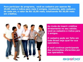 Para participar do programa,  você se cadastra por apenas R$ 25,00 reais e indica para mais 3 amigos, recebendo, pelo cadastro de cada um, o valor de R$ 10,00 reais, totalizando R$ 30,00 reais em créditos. Ao invés de inserir créditos diretamente no seu celular, você se cadastra e indica para 3 amigos. O cadastro pode ser feito em todo Brasil seja qual for sua operadora. E você continua participando das promoções oferecidas por sua operadora.  