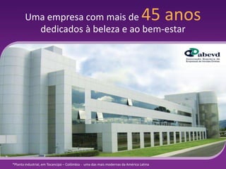 45 anos

Uma empresa com mais de
dedicados à beleza e ao bem-estar

*Planta industrial, em Tocancipá – Colômbia - uma das mais modernas da América Latina

 