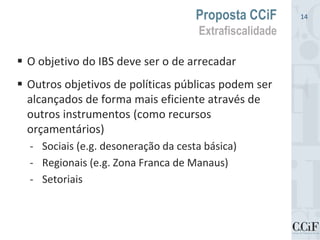  O objetivo do IBS deve ser o de arrecadar
 Outros objetivos de políticas públicas podem ser
alcançados de forma mais eficiente através de
outros instrumentos (como recursos
orçamentários)
- Sociais (e.g. desoneração da cesta básica)
- Regionais (e.g. Zona Franca de Manaus)
- Setoriais
Proposta CCiF
Extrafiscalidade
14
 