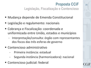  Mudança depende de Emenda Constitucional
 Legislação e regulamento: nacionais
 Cobrança e Fiscalização: coordenada e
uniformizada entre União, estados e municípios
- Interpretação/consulta: órgão com representantes
dos fiscos das três esferas de governo
 Contencioso administrativo
- Primeira instância: estadual
- Segunda instância (harmonizadora): nacional
 Contencioso judicial: federal
Proposta CCiF
Legislação, Fiscalização e Contencioso
21
 