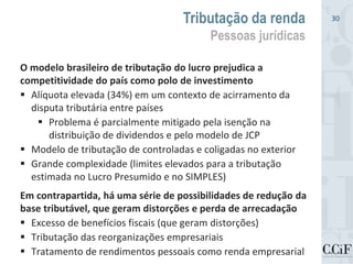 O modelo brasileiro de tributação do lucro prejudica a
competitividade do país como polo de investimento
 Alíquota elevada (34%) em um contexto de acirramento da
disputa tributária entre países
 Problema é parcialmente mitigado pela isenção na
distribuição de dividendos e pelo modelo de JCP
 Modelo de tributação de controladas e coligadas no exterior
 Grande complexidade (limites elevados para a tributação
estimada no Lucro Presumido e no SIMPLES)
Em contrapartida, há uma série de possibilidades de redução da
base tributável, que geram distorções e perda de arrecadação
 Excesso de benefícios fiscais (que geram distorções)
 Tributação das reorganizações empresariais
 Tratamento de rendimentos pessoais como renda empresarial
Tributação da renda
Pessoas jurídicas
30
 