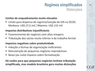 Limites de enquadramento muito elevados
 Limite para dispensa de registro/isenção do IVA na OCDE:
Mediana: US$ 27,5 mil / Máximo: US$ 115 mil
Impactos distributivos injustificáveis
 Favorecimento de negócios com altas margens
 Tributação dos sócios muito inferior à do trabalho formal
Impactos negativos sobre produtividade
 Indução a formas de organização ineficientes
 Manutenção de pequenos negócios improdutivos
 Baixo (ou nulo) impacto sobre formalização
Há razões para que pequenos negócios tenham tributação
simplificada, mas modelo brasileiro gera muitas distorções
Regimes simplificados
Distorções
41
 