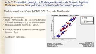 Simulações transientes:
• RMS normalizado de aproximadamente
9,5% no período de monitoramento temporal
• Residual absoluto máximo de -5,05m.
• Variação de RMS → necessidade de ajustes
hmodelado < hreal
• Ajustes em elaboração.
Ação 2. Estudo Hidrogeológico e Modelagem Numérica de Fluxo do Aquífero
Cretáceo Urucuia: Balanço Hídrico e Estimativa de Recursos Explotáveis.
Modelo Numérico - Visual MODFLOW: Bacia do Alto Grande
 