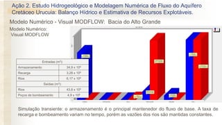 Modelo Numérico:
Visual MODFLOW
Simulação transiente: o armazenamento é o principal mantenedor do fluxo de base. A taxa de
recarga e bombeamento variam no tempo, porém as vazões dos rios são mantidas constantes.
Ação 2. Estudo Hidrogeológico e Modelagem Numérica de Fluxo do Aquífero
Cretáceo Urucuia: Balanço Hídrico e Estimativa de Recursos Explotáveis.
Modelo Numérico - Visual MODFLOW: Bacia do Alto Grande
Entradas (m3):
Armazenamento 34,9 x 109
Recarga 3,28 x 109
Rios 6,17 x 109
Saídas (m3):
Rios 43,8 x 109
Poços de bombeamento 4,9 x 108
 