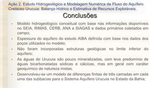 • Modelo hidrogeológico conceitual com base nas informações disponíveis
no SEIA, RIMAS, CERB, ANA e SIAGAS e dados primários coletados em
campo;
• Espessura do aquífero do estudo AIBA definida com base nos dados dos
poços utilizados no modelo;
• Não foram incorporadas estruturas geológicas no limite inferior do
aquífero;
• As águas do Urucuia são pouco mineralizadas, com leve predomínio de
águas bicarbonatadas sódicas e cálcicas, mas em geral com caráter
geoquímico de natureza mistas.
• Desenvolveu-se um modelo de diferenças finitas de três camadas em cada
uma das subbacias para o Sistema Aquífero Urucuia no Estado da Bahia;
Conclusões
Ação 2. Estudo Hidrogeológico e Modelagem Numérica de Fluxo do Aquífero
Cretáceo Urucuia: Balanço Hídrico e Estimativa de Recursos Explotáveis.
 
