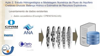 o dados secundários (Exemplo: CPRM/SIAGAS)
Levantamento de dados existentes
Ação 2. Estudo Hidrogeológico e Modelagem Numérica de Fluxo do Aquífero
Cretáceo Urucuia: Balanço Hídrico e Estimativa de Recursos Explotáveis.
 
