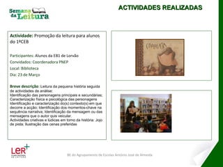 Actividade:  Promoção da leitura para alunos do 1ºCEB Participantes:  Alunos da EB1 de Lorvão Convidados: Coordenadora PNEP Local: Biblioteca Dia: 23 de Março Breve descrição :  Leitura da pequena história seguida de actividades de análise: Identificação das personagens principais e secundárias; Caracterização física e psicológica das personagens  Identificação e caracterização do(s) contexto(s) em que decorre a acção; Identificação dos momentos-chave na sequência narrativa; Identificação da mensagem ou das mensagens que o autor quis veicular.  Actividades criativas e lúdicas em torno da história: Jojo de pista; Ilustração das cenas preferidas  ACTIVIDADES REALIZADAS BE do Agrupamento de Escolas António José de Almeida 