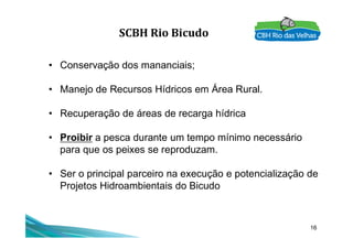 SCBH Rio Bicudo
• Conservação dos mananciais;
• Manejo de Recursos Hídricos em Área Rural.
• Recuperação de áreas de recarga hídrica
16
• Proibir a pesca durante um tempo mínimo necessário
para que os peixes se reproduzam.
• Ser o principal parceiro na execução e potencialização de
Projetos Hidroambientais do Bicudo
 