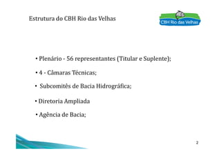 Gestão Descentralizada de Recursos Hídricos
O caso do rio das Velhas
Estrutura do CBH Rio das Velhas
• Plenário - 56 representantes (Titular e Suplente);
• 4 - Câmaras Técnicas;
2
• Subcomitês de Bacia Hidrográfica;
• Diretoria Ampliada
• Agência de Bacia;
 