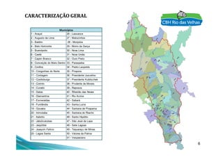 1 - Araçaí 26 - Lassance
2 - Augusto de Lima 27 - Matozinhos
3 - Baldim 28 - Monjolos
4 - Belo Horizonte 29 - Morro da Garça
5 - Buenópolis 30 - Nova Lima
6 - Caeté 31 - Nova União
7 - Capim Branco 32 - Ouro Preto
8 - Conceição do Mato Dentro 33 - Paraopeba
9 - Confins 34 - Pedro Leopoldo
10 - Congonhas do Norte 35 - Pirapora
11 - Contagem 36 - Presidente Juscelino
12 - Cordisburgo 37 - Presidente Kubitschek
Municípios
CARACTERIZAÇÃO GERAL
6
12 - Cordisburgo 37 - Presidente Kubitschek
13 - Corinto 38 - Prudente de Morais
14 - Curvelo 39 - Raposos
15 - Datas 40 - Ribeirão das Neves
16 - Diamantina 41 - Rio Acima
17 - Esmeraldas 42 - Sabará
18 - Funilândia 43 - Santa Luzia
19 - Gouveia 44 - Santana de Pirapama
20 - Inimutaba 45 - Santana do Riacho
21 - Itabirito 46 - Santo Hipólito
22 - Jaboticatubas 47 - São José da Lapa
23 - Jequitibá 48 - Sete Lagoas
24 - Joaquim Felício 49 - Taquaraçu de Minas
25 - Lagoa Santa 50 - Várzea da Palma
51 - Vespasiano
 