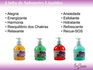 Linha de Sabonetes Líquidos

• Alegria                    • Ansiedade
• Energizante                • Esfoliante
• Harmonia                   • Hidratante
• Reequilíbrio dos Chakras   • Refrescante
• Relaxante                  • Recue-SOS
 