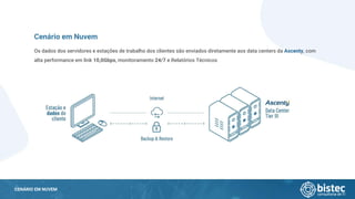 CENÁRIO EM NUVEM
Cenário em Nuvem
Os dados dos servidores e estações de trabalho dos clientes são enviados diretamente aos data centers da Ascenty, com
alta performance em link 10,0Gbps, monitoramento 24/7 e Relatórios Técnicos
 
