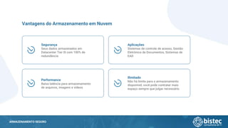 ARMAZENAMENTO SEGURO
Vantagens do Armazenamento em Nuvem
Segurança
Seus dados armazenados em
Datacenter Tier III com 100% de
redundância
Performance
Baixa latência para armazenamento
de arquivos, imagens e vídeos
Aplicações
Sistemas de controle de acesso, Gestão
Eletrônica de Documentos, Sistemas de
EAD
Ilimitado
Não há limite para o armazenamento
disponível, você pode contratar mais
espaço sempre que julgar necessário
 