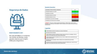DADOS SOB CONTROLE
Em caso de falhas ou incidentes
nas tarefas de Backup, serão
gerados alarmes por e-mail e
LOGs para diagnóstico
Segurança de Dados
Sumário Executivo
Legendas
MONITORAMENTO 24X7
 