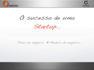O sucesso de uma
     Startup…

Plano de negócio X Modelo de negócio …
 