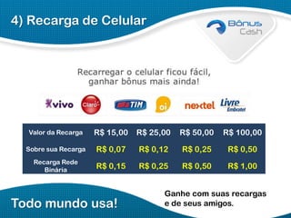 4) Recarga de Celular

Valor da Recarga

R$ 15,00

R$ 25,00

R$ 50,00

R$ 100,00

Sobre sua Recarga

R$ 0,07

R$ 0,12

R$ 0,25

R$ 0,50

Recarga Rede
Binária

R$ 0,15

R$ 0,25

R$ 0,50

R$ 1,00

Todo mundo usa!

Ganhe com suas recargas
e de seus amigos.

 