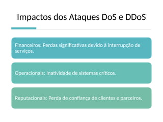 Impactos dos Ataques DoS e DDoS
Financeiros: Perdas significativas devido à interrupção de
serviços.
Operacionais: Inatividade de sistemas críticos.
Reputacionais: Perda de confiança de clientes e parceiros.
 