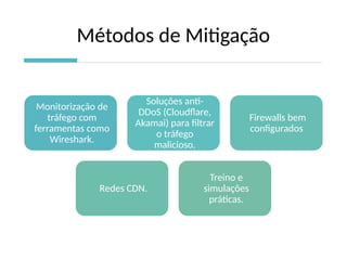 Métodos de Mitigação
Monitorização de
tráfego com
ferramentas como
Wireshark.
Soluções anti-
DDoS (Cloudflare,
Akamai) para filtrar
o tráfego
malicioso.
Firewalls bem
configurados
Redes CDN.
Treino e
simulações
práticas.
 