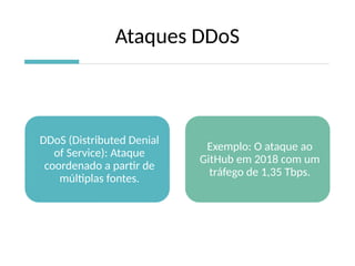 Ataques DDoS
DDoS (Distributed Denial
of Service): Ataque
coordenado a partir de
múltiplas fontes.
Exemplo: O ataque ao
GitHub em 2018 com um
tráfego de 1,35 Tbps.
 