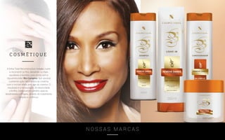 N O S S A S M A R C A S
A linha Total Reconstruction hidrata, nutre
e reconstrói os fios, deixando-os mais
saudáveis e bonitos, pois conta com o
rejuvenescedor Bio Complex, que associa
a potente ação reparadora da creatina
com o incrível efeito anti-age da cisteína. O
resultado é a restauração da elasticidade
e brilho, revitalizando cabelos opacos,
desidratados e frágeis, através do tratamento
simples e contínuo.
 