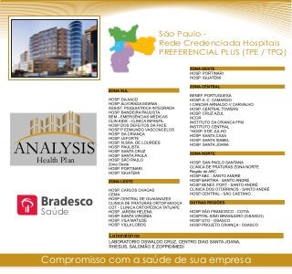São Paulo -
Rede Credenciada Hospitais
PREFERENCIAL PLUS (TPE / TPQ)
Laboratórios
Compromisso com a saúde de sua empresa
Saúde
ANALYSIS
Health Plan
 