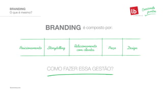 O que é mesmo?
BRANDING
BRANDING é composto por:
COMO FAZER ESSA GESTÃO?
Posicionamento Storytelling Preço DesignRelacionamento
com clientes
 