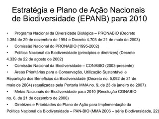 Estratégia e Plano de Ação Nacionais
de Biodiversidade (EPANB) para 2010
• Programa Nacional da Diversidade Biológica – PRONABIO (Decreto
1.354 de 29 de dezembro de 1994 e Decreto 4.703 de 21 de maio de 2003)
• Comissão Nacional do PRONABIO (1995-2002)
• Política Nacional da Biodiversidade (princípios e diretrizes) (Decreto
4.339 de 22 de agosto de 2002)
• Comissão Nacional da Biodiversidade – CONABIO (2003-presente)
• Áreas Prioritárias para a Conservação, Utilização Sustentável e
Repartição dos Benefícios da Biodiversidade (Decreto no. 5.092 de 21 de
maio de 2004) (atualizadas pela Portaria MMA no. 9, de 23 de janeiro de 2007)
• Metas Nacionais de Biodiversidade para 2010 (Resolução CONABIO
no. 6, de 21 de dezembro de 2006)
• Diretrizes e Prioridades do Plano de Ação para Implementação da
Política Nacional da Biodiversidade – PAN-BIO (MMA 2006 – série Biodiversidade, 22)
 
