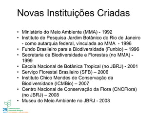 Novas Instituições Criadas
• Ministério do Meio Ambiente (MMA) - 1992
• Instituto de Pesquisa Jardim Botânico do Rio de Janeiro
- como autarquia federal, vinculada ao MMA - 1996
• Fundo Brasileiro para a Biodiversidade (Funbio) – 1996
• Secretaria de Biodiversidade e Florestas (no MMA) -
1999
• Escola Nacional de Botânica Tropical (no JBRJ) - 2001
• Serviço Florestal Brasileiro (SFB) – 2006
• Instituto Chico Mendes de Conservação da
Biodiversidade (ICMBio) – 2007
• Centro Nacional de Conservação da Flora (CNCFlora)
(no JBRJ) – 2008
• Museu do Meio Ambiente no JBRJ - 2008
 