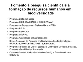 Fomento à pesquisa científica e à
formação de recursos humanos em
biodiversidade
• Programa Biota da Fapesp
• Programa SISBIOTA BRASIL e SISBIOTA MAR
• Programa de Pesquisa em Biodiversidade – PPBio
• Programa PELD
• Programa REFLORA
• Programa PROTAX
• Programa Arquipélago e Ilhas Oceânicas
• Redes Regionais de Pesquisa em Biodiversidade e Biotecnologia –
BIONORTE, PRÓ-CENTRO-OESTE, RENORBIO
• Programas Básicos do CNPq: Ecologia e Limnologia, Zoologia, Botânica,
Oceanografia e Ciências Ambientais
• Centro de Síntese em Biodiversidade e Serviços Ecossistêmicos –
SINBIOSE
 