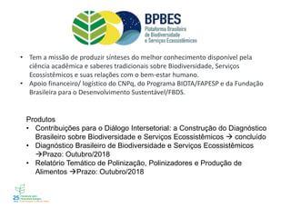• Tem a missão de produzir sínteses do melhor conhecimento disponível pela
ciência acadêmica e saberes tradicionais sobre Biodiversidade, Serviços
Ecossistêmicos e suas relações com o bem-estar humano.
• Apoio financeiro/ logístico do CNPq, do Programa BIOTA/FAPESP e da Fundação
Brasileira para o Desenvolvimento Sustentável/FBDS.
Produtos
• Contribuições para o Diálogo Intersetorial: a Construção do Diagnóstico
Brasileiro sobre Biodiversidade e Serviços Ecossistêmicos → concluído
• Diagnóstico Brasileiro de Biodiversidade e Serviços Ecossistêmicos
→Prazo: Outubro/2018
• Relatório Temático de Polinização, Polinizadores e Produção de
Alimentos →Prazo: Outubro/2018
 